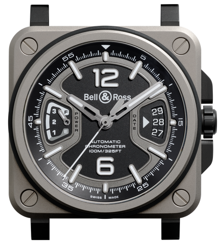 Bell & Ross watch with black dial and silver case on a white background