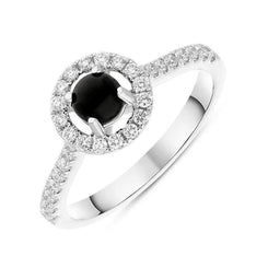 18ct White Gold Whitby Jet 0.33ct Diamond Round Halo Ring, R898.