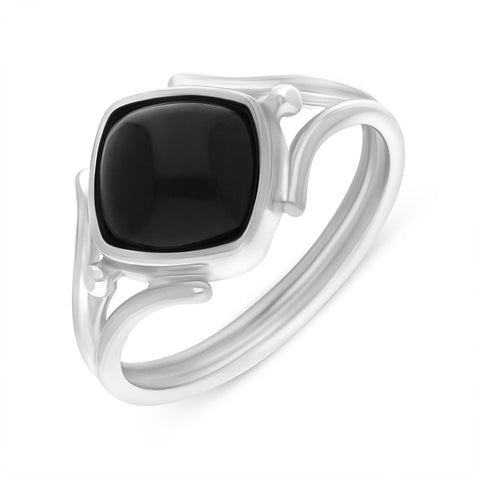 Sterling Silver Whitby Jet Cushion Cut Open Shank Unique Ring