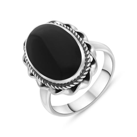 Sterling Silver Whitby Jet Oval Rope Edge Ring