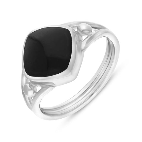 Sterling Silver Whitby Jet Cushion Cut Open Shank Unique Ring