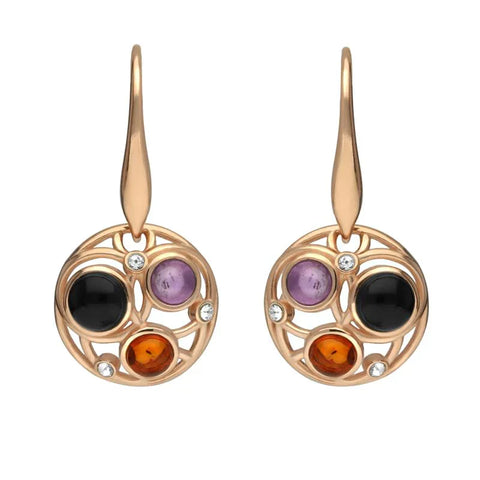 Rose Gold Vermeil Whitby Jet Amethyst Amber Bubble Drop Earrings, E2529.