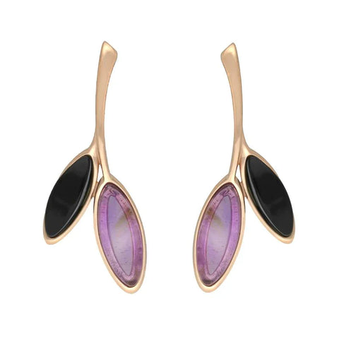 Rose Gold Vermeil Whitby Jet Amethyst Two Leaf Drop Stud Earrings E2433