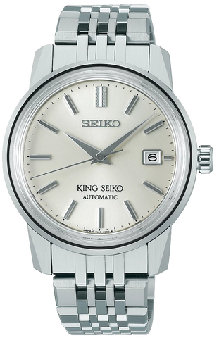 Silver Seiko watch with a white face on a white background