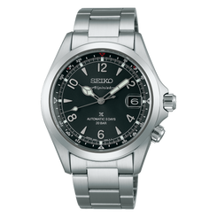 Seiko watch with black dial and silver metal strap on a white background