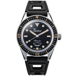 Squale watch with black strap and black dial on a white background