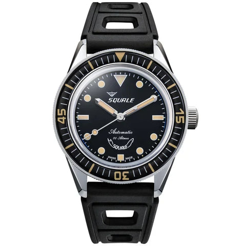 Squale watch with black strap and black dial on a white background