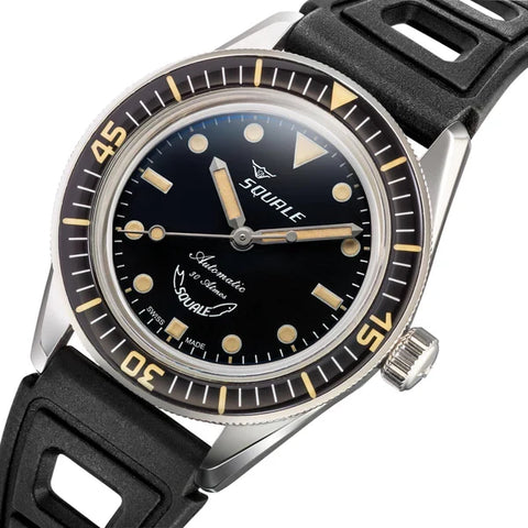 Squale watch with black dial and rubber strap on a white background