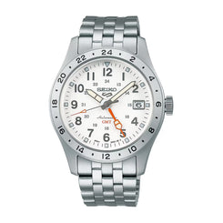 Silver Seiko watch with a white dial on a white background