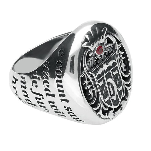Silver Whitby Jet Ruby Dracula Crest Replica Signet Ring. R622.