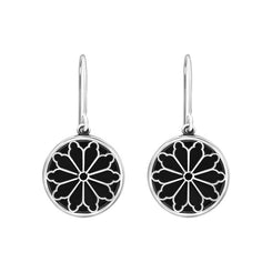 Sterling Silver Whitby Jet Abbey Round Window Drop Earrings, E2107.