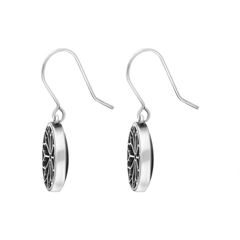 Sterling Silver Whitby Jet Abbey Round Window Drop Earrings, E2107.