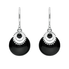 Sterling Silver Whitby Jet Button Cap Drop Earrings E1981