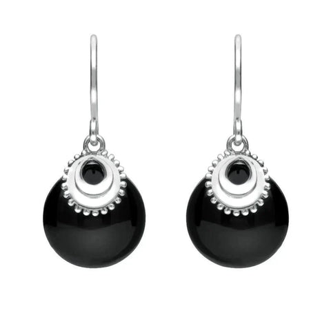 Sterling Silver Whitby Jet Button Cap Drop Earrings E1981