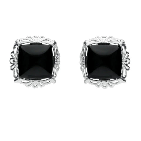 Silver Whitby Jet Fancy Cushion Stud Earrings E2125