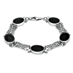 Sterling Silver Whitby Jet Five Stone Pierced Oval Bracelet B024