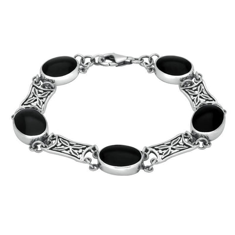 Sterling Silver Whitby Jet Five Stone Pierced Oval Bracelet B024