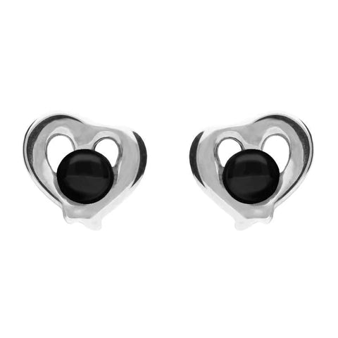 Sterling Silver Whitby Jet Heart Outline Stud Earrings. E1911.
