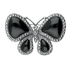 Sterling Silver Whitby Jet Marcasite Butterfly Brooch. M325.