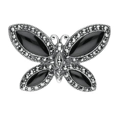 Sterling Silver Whitby Jet Marcasite Vintage Butterfly Brooch. M326.