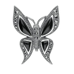 Sterling Silver Whitby Jet Marcasite Butterfly Brooch. M327.