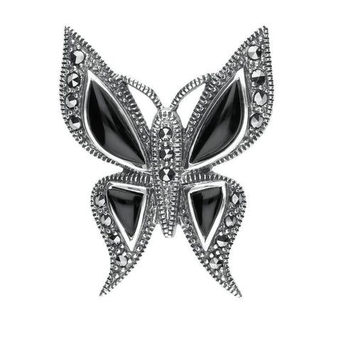 Sterling Silver Whitby Jet Marcasite Butterfly Brooch. M327.