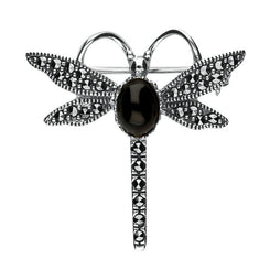 Silver Whitby Jet Marcasite Dragonfly Brooch M328