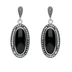 Sterling Silver Whitby Jet Marcasite Framed Drop Earrings E1639