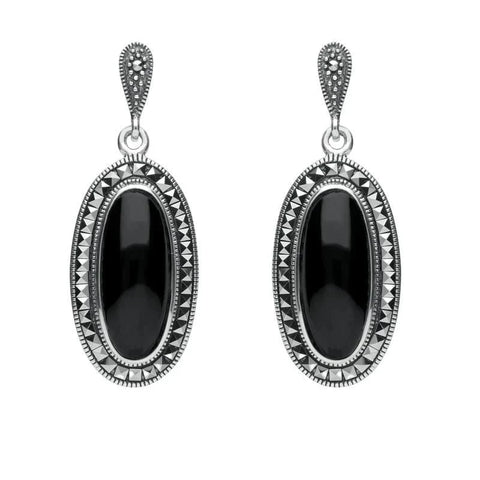 Sterling Silver Whitby Jet Marcasite Framed Drop Earrings E1639
