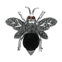 Sterling Silver Whitby Jet Marcasite Garnet Bee Brooch 00141655