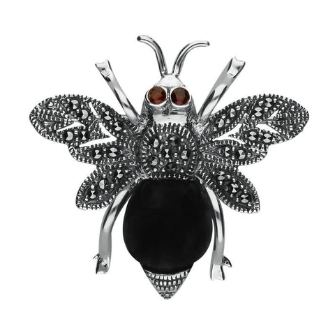 Sterling Silver Whitby Jet Marcasite Garnet Bee Brooch 00141655