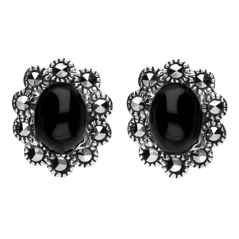 Sterling Silver Whitby Jet Marcasite Oval Beaded Edge Stud Earrings. E1637.