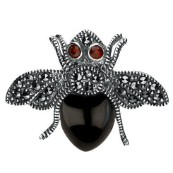 Sterling Silver Whitby Jet Marcasite Wings Garnet Bee Brooch M332