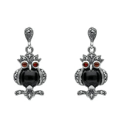 terling Silver Whitby Jet Marcasite and Garnet Owl Drop Earrings. E2237.