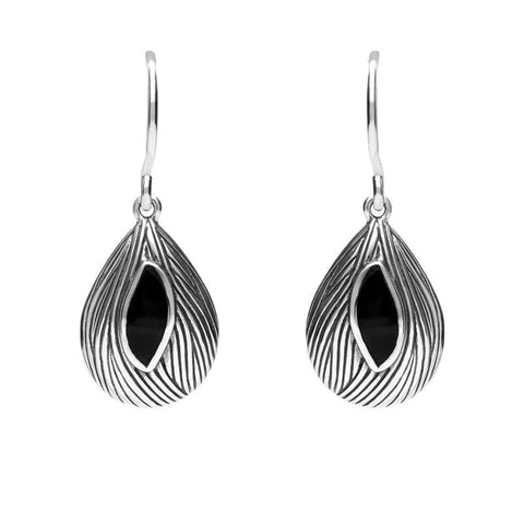 Silver Whitby Jet Marquise Shape Wave Wood Effect Earrings E1614