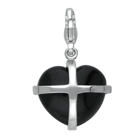 Silver Whitby Jet Medium Cross Heart Charm G481