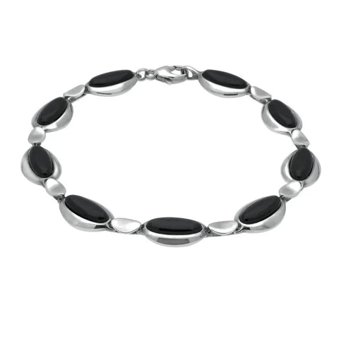 Sterling Silver Whitby Jet Nine Stone Long Oval Bracelet B1082