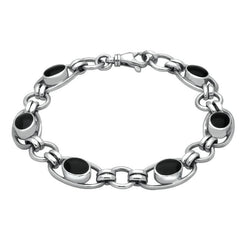 Sterling Silver Whitby Jet Heritage Oval Loop Link Bracelet. B183.