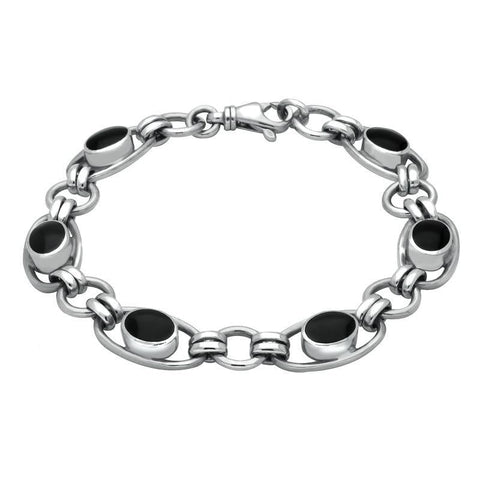 Sterling Silver Whitby Jet Heritage Oval Loop Link Bracelet. B183.