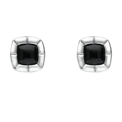 Sterling Silver Whitby Jet Ridged Cushion Stud Earrings. E1905.