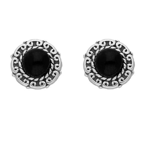 Silver Whitby Jet Round Beaded Edge Stud Earrings E1622