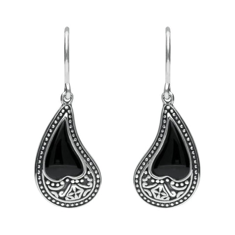 Sterling Silver Whitby Jet Tear Shape Oxidised Drop Earrings E1955