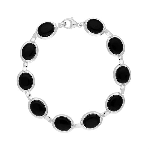 Sterling Silver Whitby Jet Ten Stone Oval Link Bracelet,