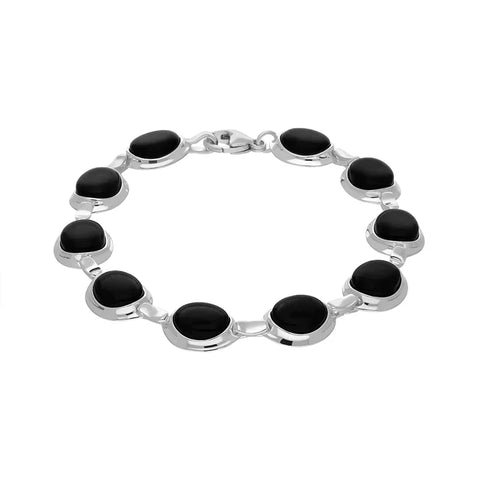 Sterling Silver Whitby Jet Ten Stone Oval Link Bracelet,