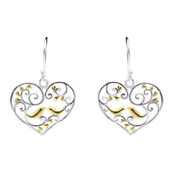 Sterling Silver Yellow Gold Bird Vine Open Heart Hook Earrings E2375
