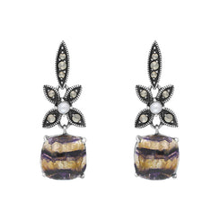 Sterling Silver Blue John Marcasite Pearl Flower Top Drop Earrings E1700