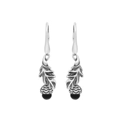 Sterling Silver Whitby Jet Acorn Leaf Hook Earrings, E2616