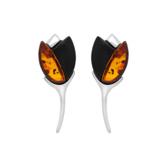 Sterling Silver Whitby Jet Amber 2 Stone Leaf Earrings, E2615