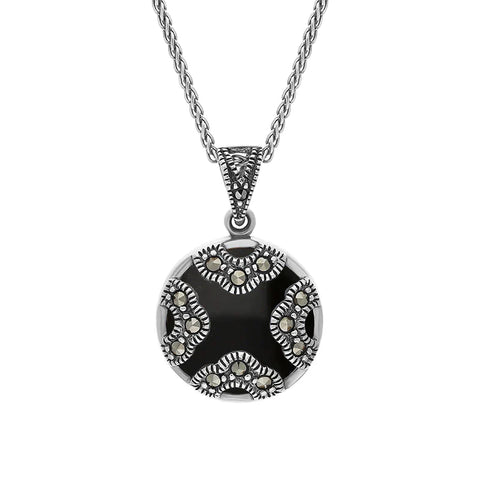 Sterling Silver Whitby Jet Marcasite Rounded Arc Necklace, P2140.