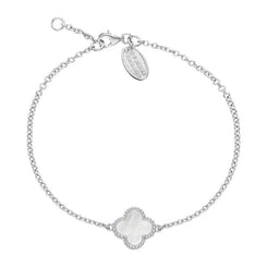 Sterling Silver WHITE MOP Bloom Four Leaf Clover Ball Edge Chain Bracelet, B1154